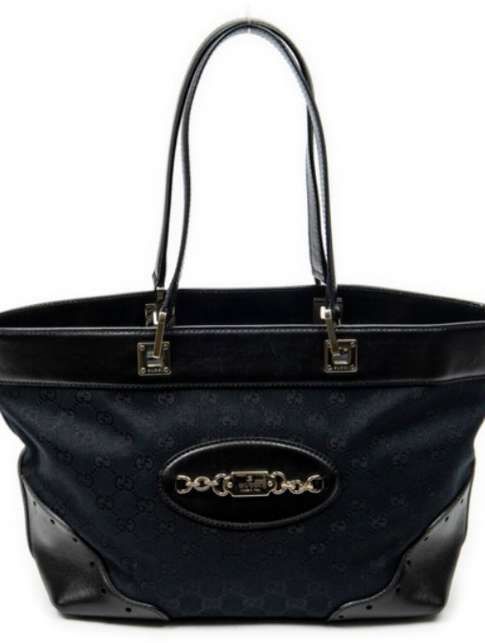Gucci Punch Tote Black Leather Monogram Silver Hardware Horsebit Authentic